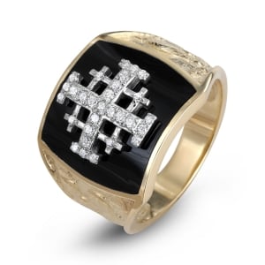 Men’s Jerusalem Cross Signet Ring with 29 Diamonds in 14K Gold and Black Enamel with Intricate Jerusalem Design
