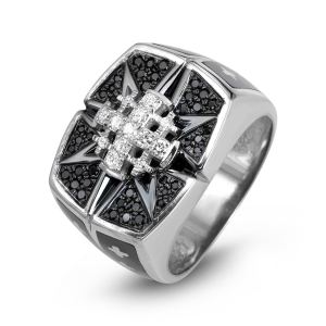 Men’s Star of Bethlehem and Jerusalem Cross Ring with 53 Black & White Diamonds in 14K White Gold and Black Enamel