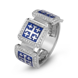 14K White Gold Split Three Square Jerusalem Cross Ring with 90 Diamonds and Blue Enamel 