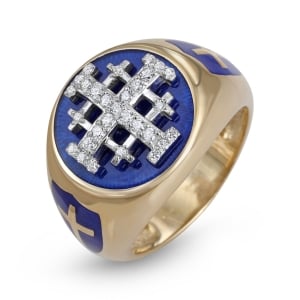 Men’s Jerusalem Cross Signet Ring in 14K Yellow Gold and Blue Enamel with 29 Diamonds and Crusader Shields