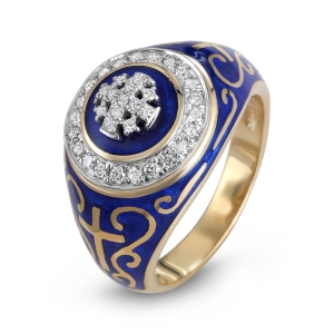 Men’s Rounded Jerusalem Cross Signet Ring with 35 Diamonds and Latin Crosses in 14K Gold and Blue Enamel 