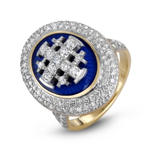 Women’s Double Halo Jerusalem Cross Ring with 119 Diamonds in 14K Gold with Blue Enamel