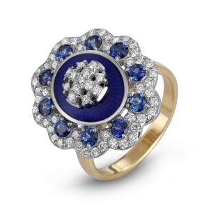 Women’s Jerusalem Cross Ring with Floral Diamond and Sapphire Design in 14K Gold and Blue Enamel