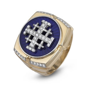 Men’s Designer Jerusalem Cross Signet Ring with 49 Diamonds in 14K Gold and Blue Enamel 
