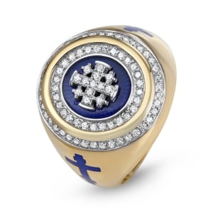Men’s Double Halo Jerusalem Cross Signet Ring with 83 Diamonds and Orthodox Crosses in 14K Gold and Blue Enamel