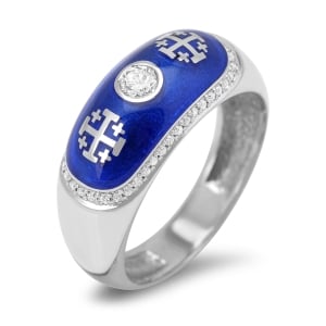 14K White Gold Jerusalem Cross Ring with 43 Diamonds and Blue Enamel by Anbinder Jewelry