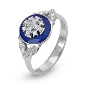 Women's 14K White Gold and Blue Enamel Jerusalem Cross Ring with 21 Diamonds and Marquise Motifs