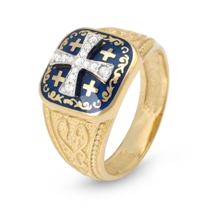 Men’s Ornate Jerusalem Cross Ring with Pavé Diamonds and Blue Enamel in 14K Yellow Gold