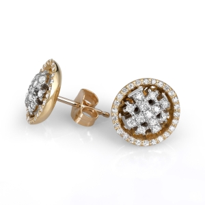 Anbinder Two-Tone 14K Yellow and White Gold Circular Jerusalem Cross Stud Earrings with Diamond Halo Border