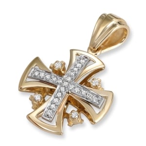 Two Tone 14K White & Yellow Gold Rounded Jerusalem Cross Pendant with 25 Diamonds
