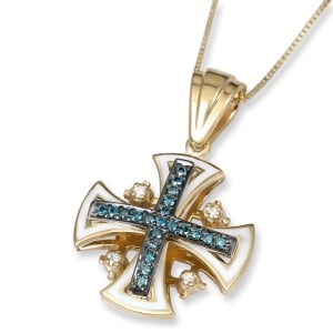 Blue and White Diamond Jerusalem Cross Pendant Necklace in 14K Yellow and Black Gold with White Enamel