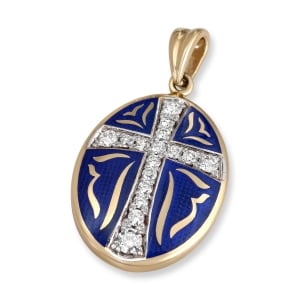 14K Gold and Blue Enamel Diamond Roman Cross Pendant Necklace with 18 Diamonds