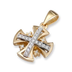 14K Gold and Diamond Flared Jerusalem Cross Pendant Necklace with 21 Diamonds in Yellow or White Gold