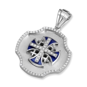 14K White Gold Jerusalem Cross Pendant Necklace with Blue Enamel and Diamond-Framed Shield