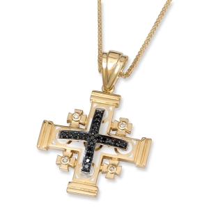 Deluxe 14K Yellow Gold and Enamel Jerusalem Cross Pendant Necklace with 25 Black and White Diamonds