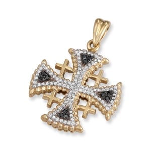 14K Yellow Gold Flared Jerusalem Cross Pendant Necklace with 108 Black and White Diamonds and Beaded Detailing