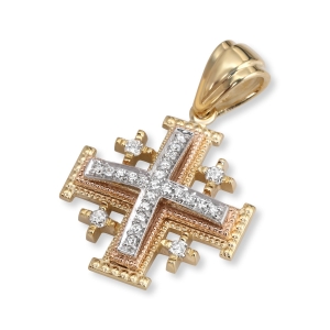Tricolor 14K Gold and Diamond Layered Milgrain Classic Jerusalem Cross Pendant with 25 Diamonds