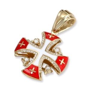 14K Yellow Gold and Red & White Enamel Diamond Flared Jerusalem Cross Pendant with 56 Diamonds