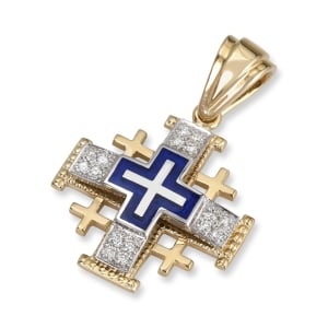 Classic Two-Tone Pavé Diamond Jerusalem Cross Pendant Necklace in 14K Gold and Blue Enamel