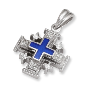 Classic Layered Jerusalem Cross Pendant Necklace with 20 Diamonds in 14K White Gold and Blue Enamel with Milgrain Detailing