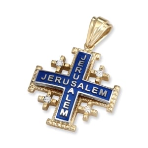 14K Gold Jerusalem Cross Pendant Necklace with Jerusalem Inscription on Blue Enamel and 4 White Diamonds