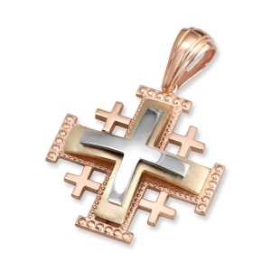 Tricolor 14K Gold Jerusalem Cross Pendant Necklace with polished and brushed finishes and dotted detailing