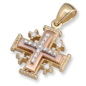 Tricolor Layered 14K Gold Jerusalem Cross Pendant Necklace with 17 Diamonds and Milgrain Detailing