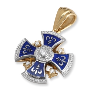 Rounded Fleur-de-Lis Jerusalem Cross Pendant Necklace with 53 Diamonds in Two-Tone 14K Gold and Blue Enamel