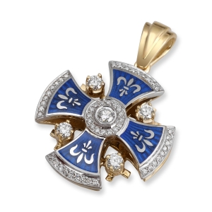 Deluxe Rounded Fleur-de-Lis Jerusalem Cross Pendant Necklace with 57 Diamonds in Two-Tone 14K Gold and Blue Enamel