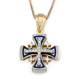 14K Gold Jerusalem Cross Pendant Necklace with 53 Diamonds and choice of Blue or Red Enamel