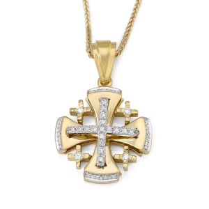 14K Gold Jerusalem Cross Pendant Necklace with 53 Diamonds in Yellow or White Gold