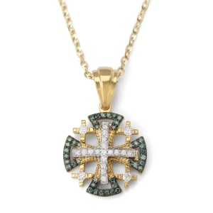 Women's 14K Yellow Gold Jerusalem Cross Pendant Necklace with 61 Blue and White Diamonds