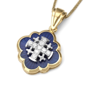 Diamond Jerusalem Cross Pendant Necklace in 14K Yellow Gold with Blue Enamel Floral Design