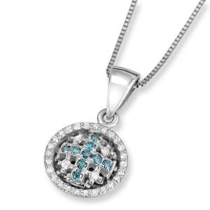 Dainty Round Jerusalem Cross Pendant Necklace with Blue and White Diamonds in 14K White Gold 