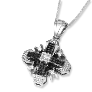 Deluxe Geometric 14K White Gold Pavé Jerusalem Cross Pendant Necklace with White and Black Diamonds