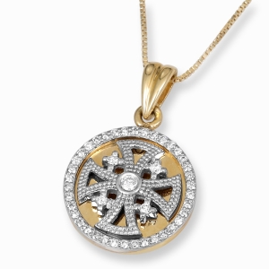 Dainty Jerusalem Cross Pendant Necklace in Two-Tone 14K Gold with Diamond Halo and Milgrain Detailing