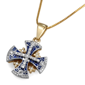 Intricate Jerusalem Cross Pendant Necklace in Two-Tone 14K Gold with 45 Diamonds and Blue Enamel