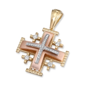 Deluxe Classic Tricolor 14K Gold Jerusalem Cross Pendant Necklace with 33 Diamonds and Milgrain Detail