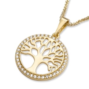 14K Yellow Gold Round Tree of Life Pendant Necklace with Cubic Zirconia