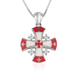 925 Sterling Silver Jerusalem Cross Necklace with Zircons and Red and White Enamel