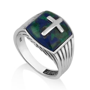 Men's Sterling Silver and Eilat Stone Latin Cross Ring with Line Design