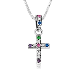 Sterling Silver Latin Cross Pendant with Multicolored Semi-Precious Stones