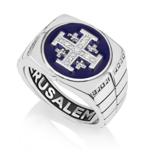 Marina Jewelry Men's 925 Sterling Silver Blue Enamel Jerusalem Cross Ring with Zircon Stones
