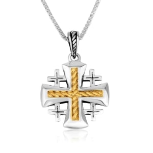 925 Sterling Silver Jerusalem Cross Necklace with 18K Gold-Plated Rope Motif