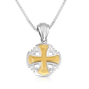 Two-Tone Rounded Jerusalem Cross Necklace in 925 Sterling Silver and 18K Gold Plating