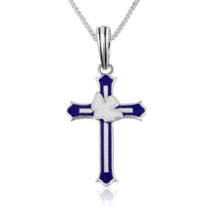 Marina Jewelry Sterling Silver Blue Enamel Cross Necklace with Dove of Peace