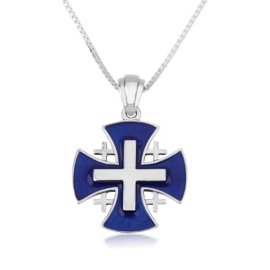 Flared Jerusalem Cross Necklace in 925 Sterling Silver and Blue Enamel