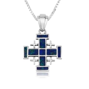 Classic Jerusalem Cross Necklace with Eilat Stone Inlay in 925 Sterling Silver