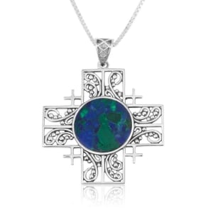925 Sterling Silver Openwork Jerusalem Cross Necklace with Eilat Stone and Filigree Design