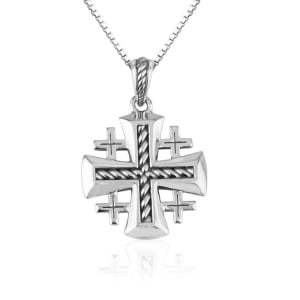 Jerusalem Cross Necklace in 925 Sterling Silver with Rope Motif